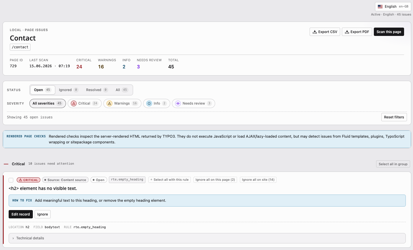 AQG Page Detail showing an empty heading issue linked to a TYPO3 content element, with remediation guidance and an Edit record button