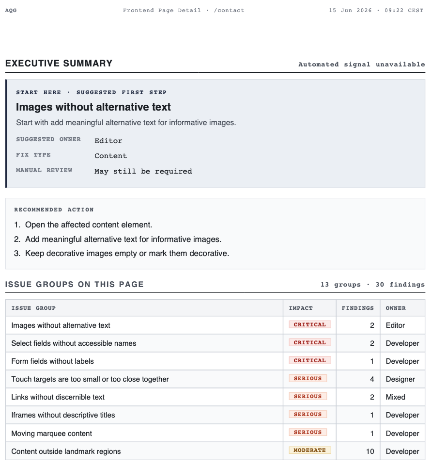 Detailed AQG PDF finding with user impact, remediation guidance and WCAG references