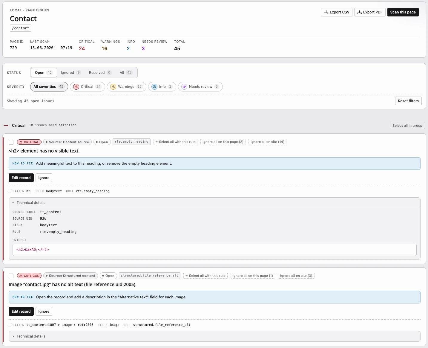 AQG Local scan findings connected to TYPO3 content records