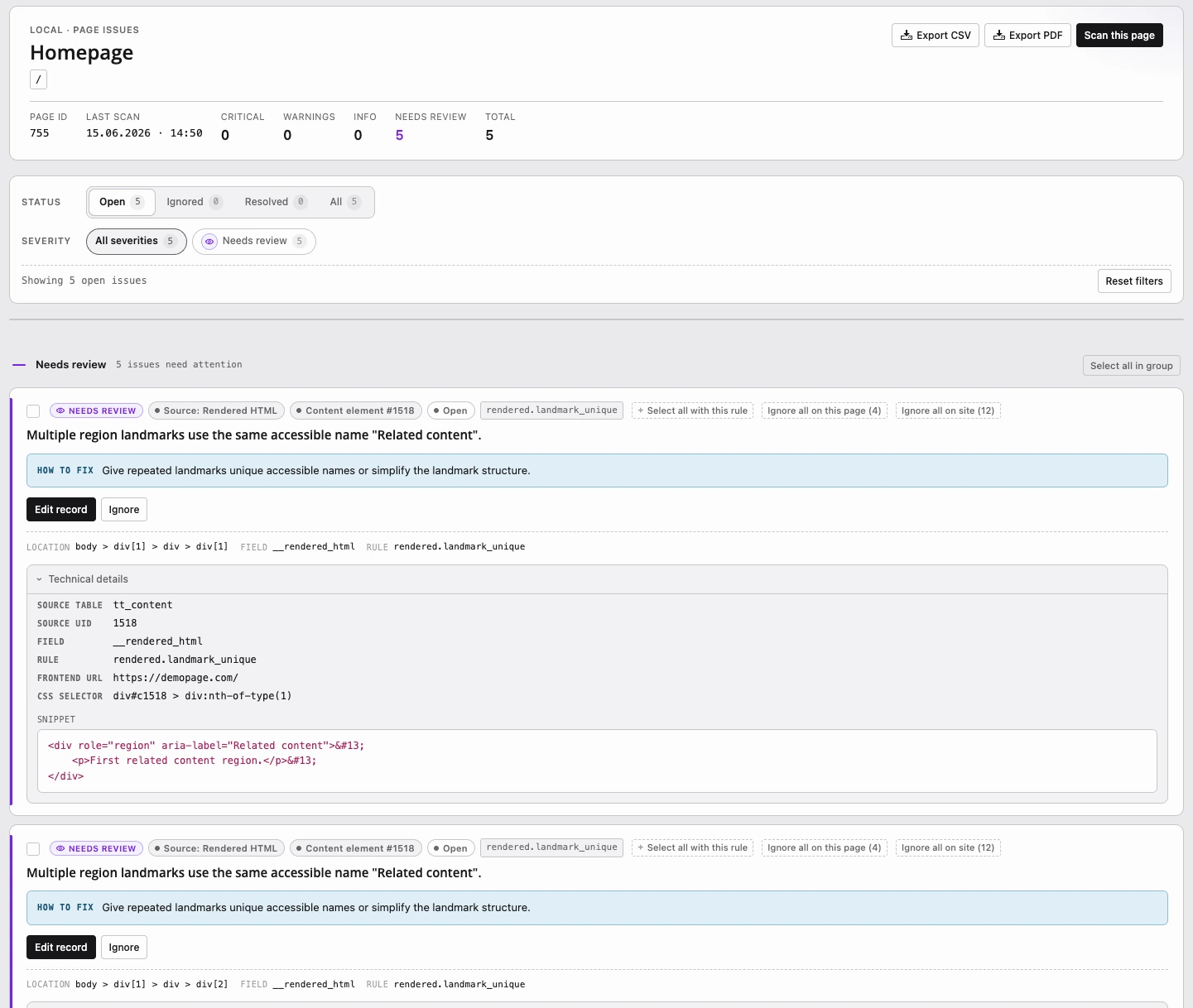 AQG Rendered Page Check results for a TYPO3 frontend page