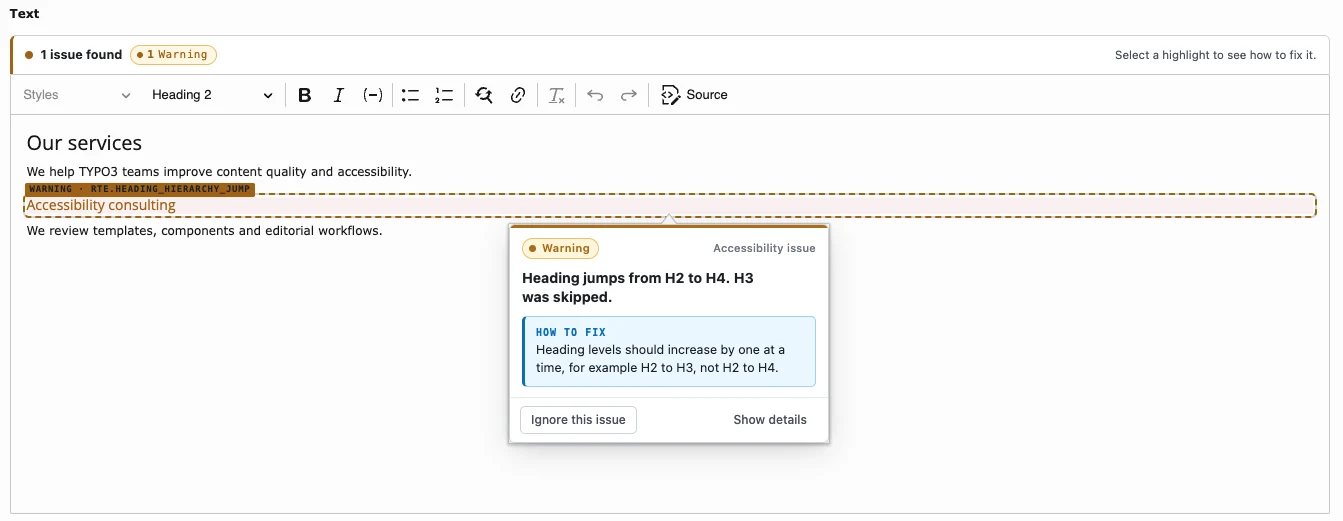 AQG accessibility feedback for a heading hierarchy issue inside TYPO3 CKEditor