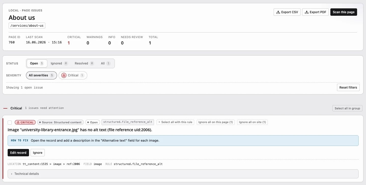 AQG missing alternative text finding linked to a TYPO3 image record