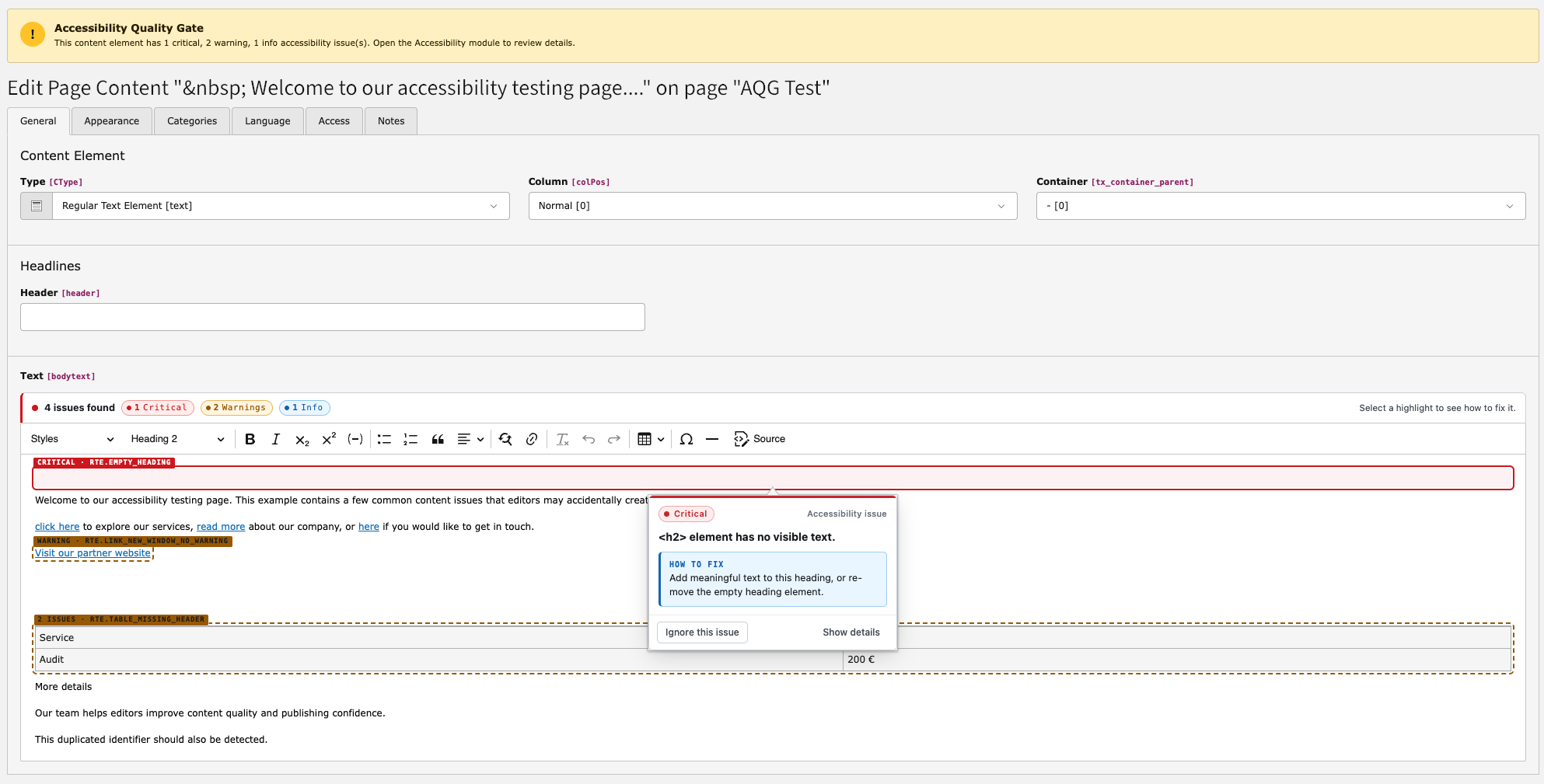 TYPO3 editor view with Accessibility Quality Gate feedback
